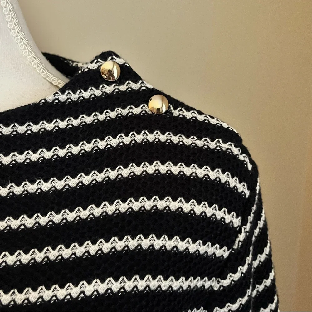 Talbots Sweater Womens Petite L Black White Stripes Knit Gold Button Nautical